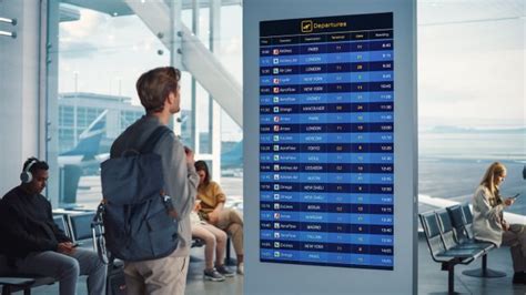 Traveler looking at a flight information display screen at JFK Airport