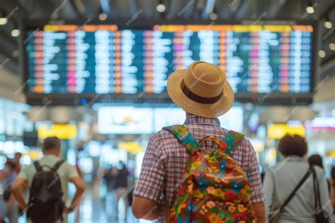 traveler looking at flight departure board in busy airport terminal