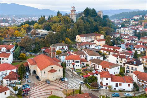 Trikala city center with fortress ruins and modern pedestrian streets