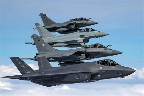 trio of euro-canard fighters flying in formation, including rafale, typhoon, and gripen over cloudy skies