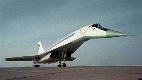 Tupolev Tu-144 Soviet supersonic passenger aircraft at aviation exhibition