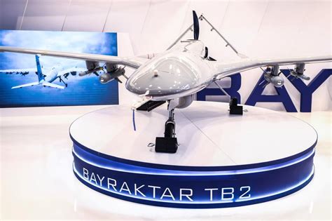 Turkish Bayraktar TB2 UAV on display at defense expo with visible weapons loadout
