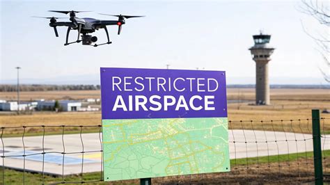 U.S. military base with restricted airspace warning, drone hovering nearby in surveillance mode