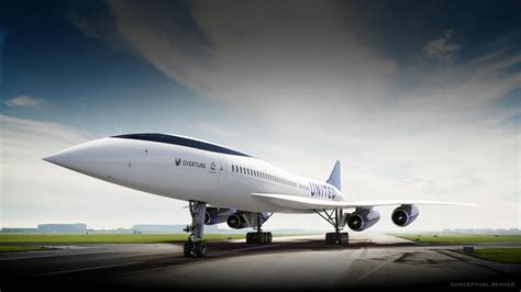 United Airlines livery concept on Boom Overture aircraft at airport gate