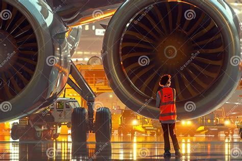 united airlines technician in safety vest inspecting jet engine at lax at night