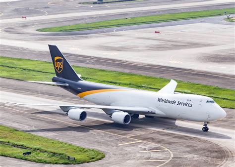 UPS fleet lineup including Boeing 747-8 and MD-11 on ramp at dusk