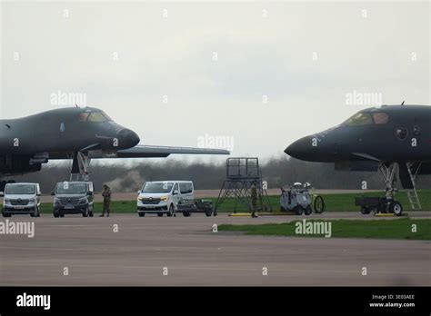 US Air Force B-1B Lancer bombers parked at RAF Fairford England airbase