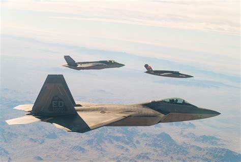 US Air Force F-16 flying alongside F-22 Raptor and F-35 Lightning II during training mission