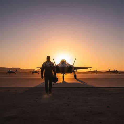 US Air Force pilot walking toward fighter jet at sunrise before mission