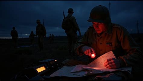 US Army soldiers using red light during nighttime field operations