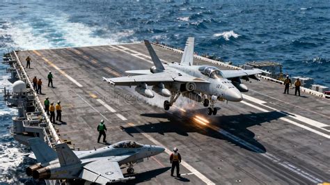 US Navy aircraft carrier flight deck operations with multiple jets