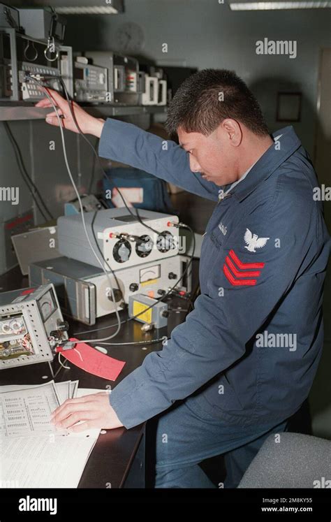 US Navy aircraft carrier maintenance crew calibrating aviation equipment