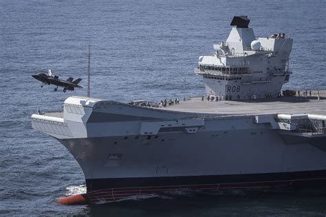 USMC F-35B armed with gun pod operating off HMS Queen Elizabeth during joint UK-US drill