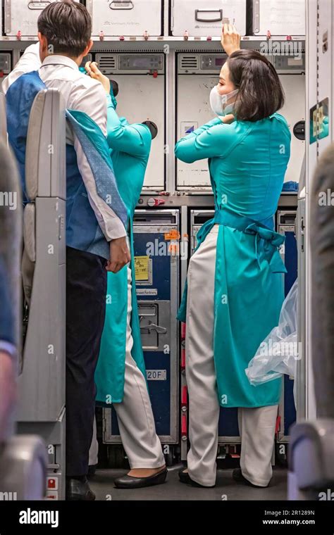 Vietnam Airlines cabin crew preparing for international service with Dreamliner aircraft in background
