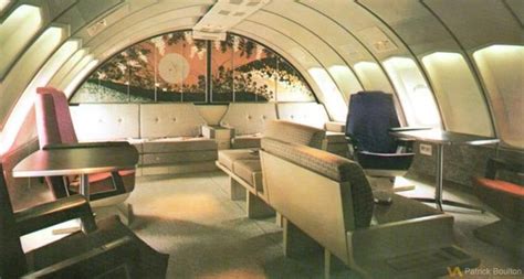 vintage Boeing 747 upper deck lounge interior from 1970s airline service