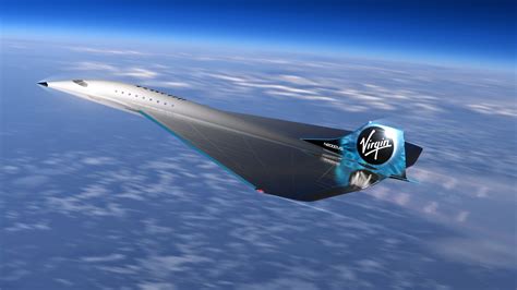 Virgin Galactic Mach 3 aircraft concept art with stylized delta wing design at altitude