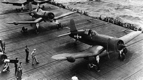 vought f4u corsair preparing for carrier takeoff in pacific theater