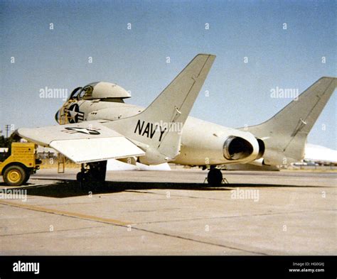 Vought F7U Cutlass parked on aircraft carrier deck 1950s