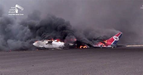 Yemenia aircraft burning at Sanaa Airport after 2025 missile strike