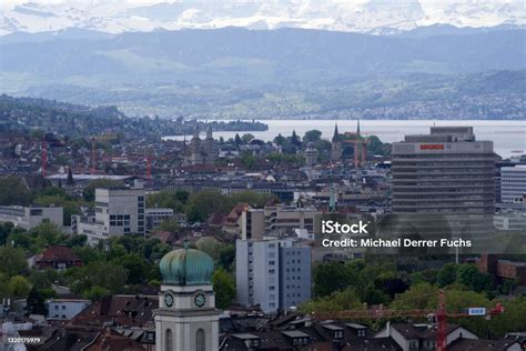 Zurich skyline with Swiss Alps and financial district aerial view